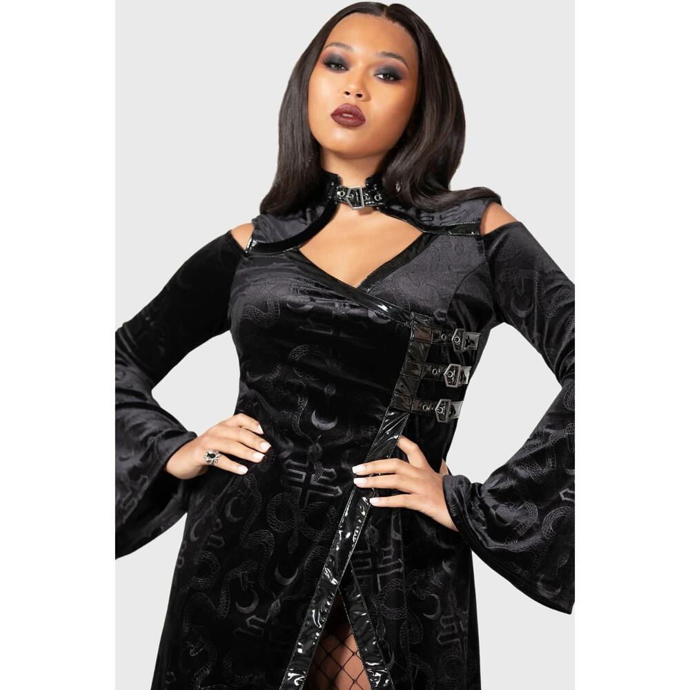 Killstar Goth Punk Witchcore Wiccan Black Snake Velvet Vinyl Trim Dress M - Picture 10 of 11
